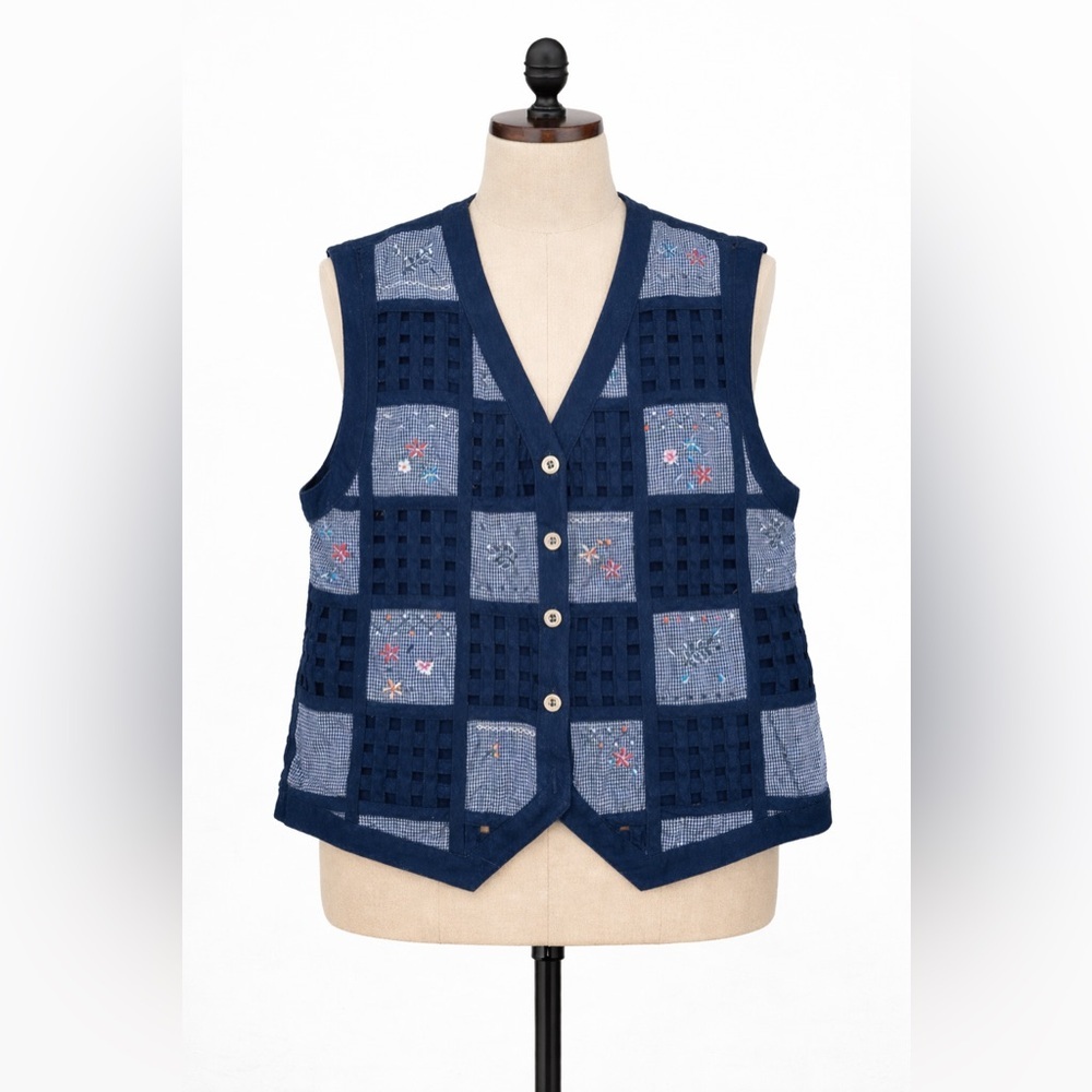 Vintage Koret City Blues Patchwork Embroidered Vest Womens M 12-14 Boho